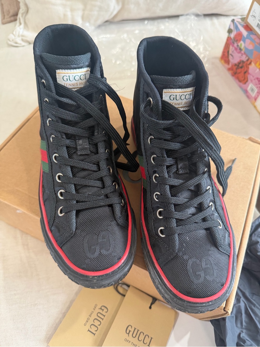 Gucci Black High-Top Sneakers with Red & Green Stripe - Picture 2 of 7